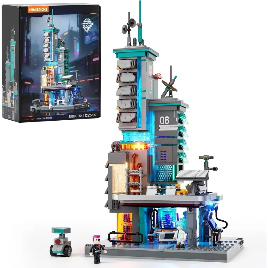 LUMIBRICKS Neon Tech Station - Cyberpunk-Datenturm mit LED-Kern