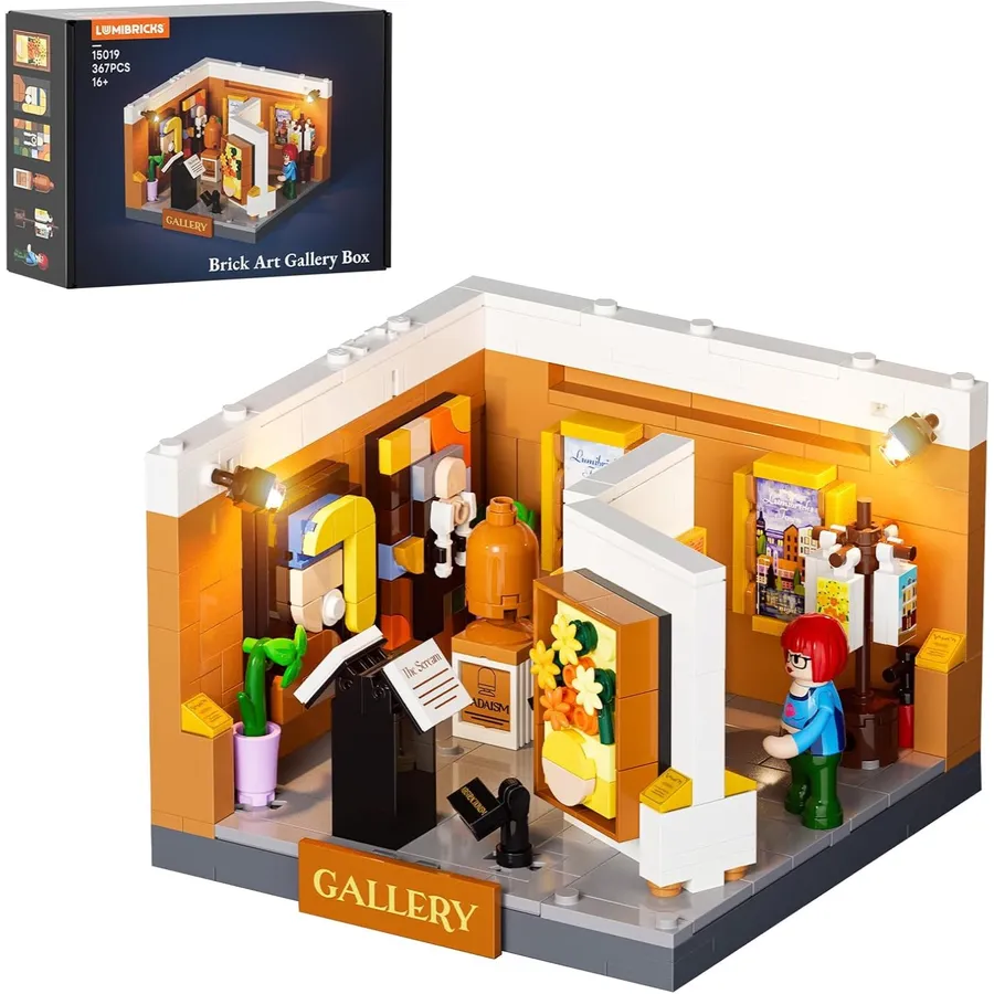 LUMIBRICKS Art Gallery Box - Mini modular gallery with warm LED spotlights, 367 pieces