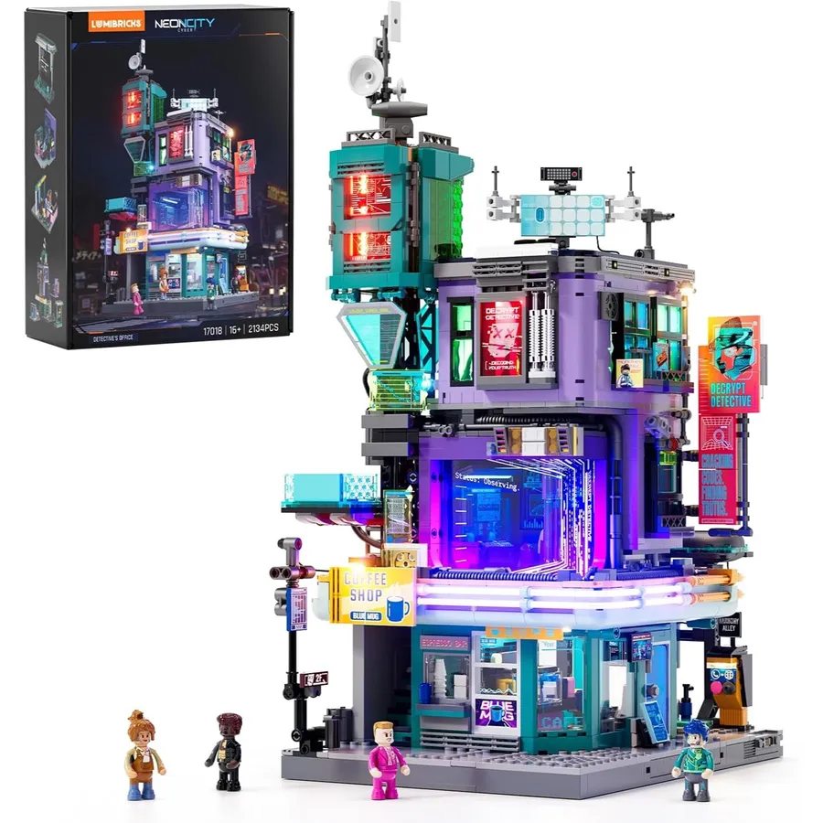 LUMIBRICKS Detective’s Office - Cyberpunk modular building set with LED lighting, 2,134 pieces