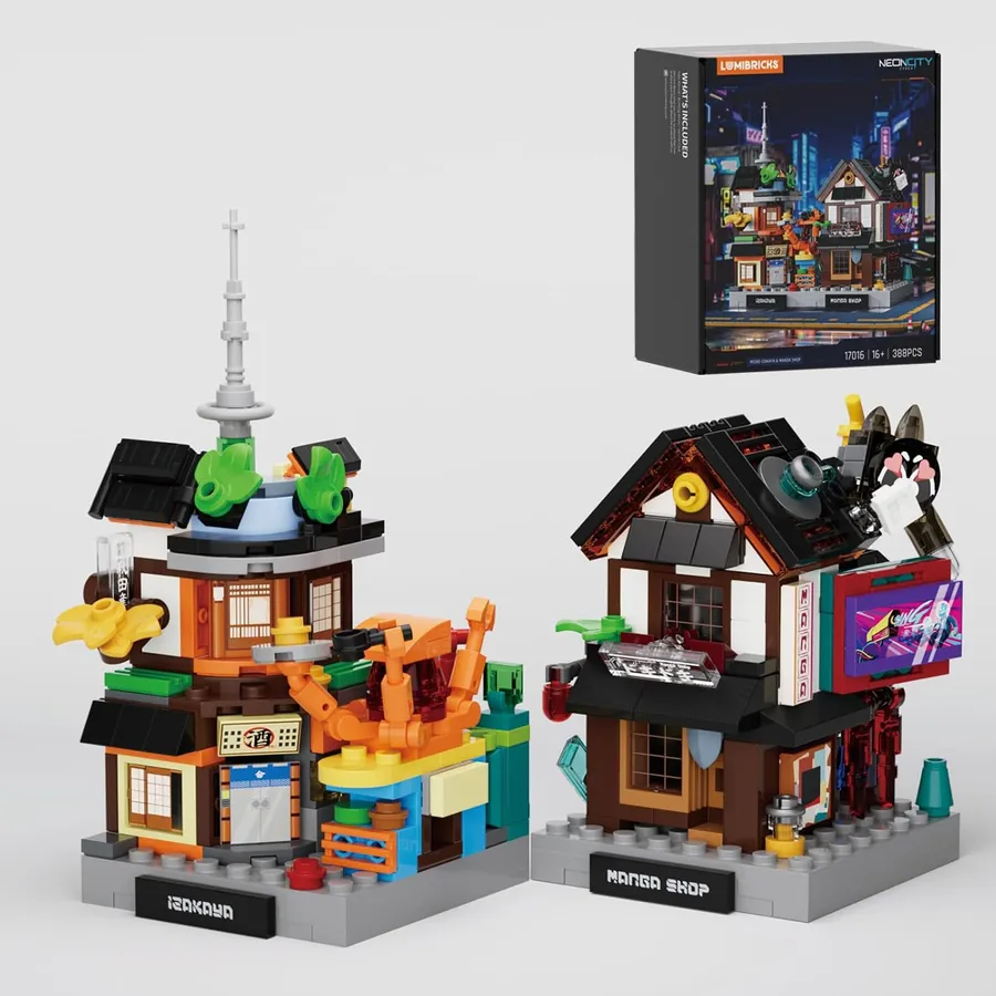 LUMIBRICKS Micro Izakaya & Manga Shop - Mini cyberpunk street scene, 388 pieces
