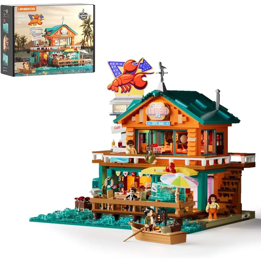 LUMIBRICKS Seafood Restaurant - Coastal modular building set with 15 LED lights, 2,484 pieces