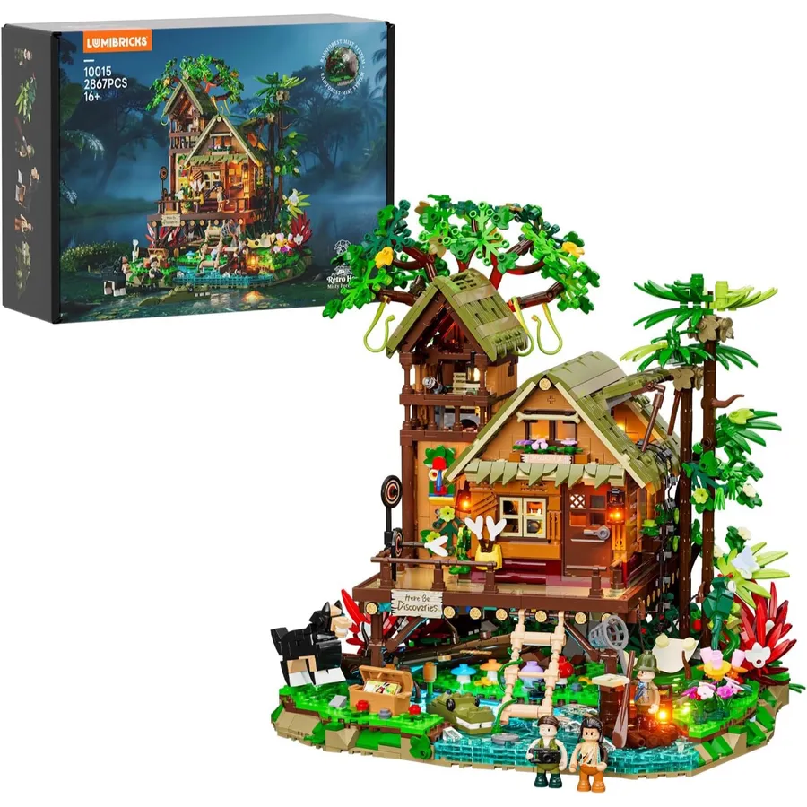 LUMIBRICKS Misty Forest Cabin - Cabane tropicale sur pilotis avec effet brume, 2 867 pièces et 12 lumières