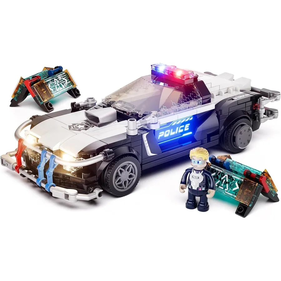 LUMIBRICKS Véhicule de patrouille de police - Voiture de police flottante à construire avec LED et drone, 372 pièces