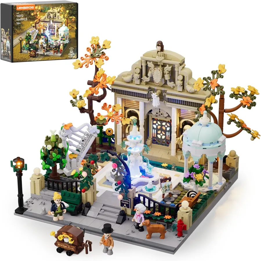LUMIBRICKS Pocket Garden - Jardin parisien éclairé à construire, 1 649 pièces et 5 figurines