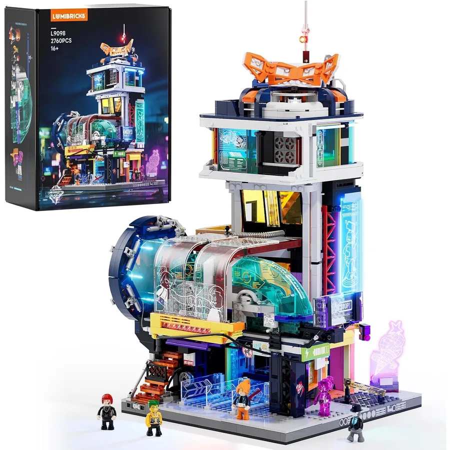 LUMIBRICKS Station de train flottant - Gare cyberpunk à construire avec tunnel miroir, 2 760 pièces et 24 LED