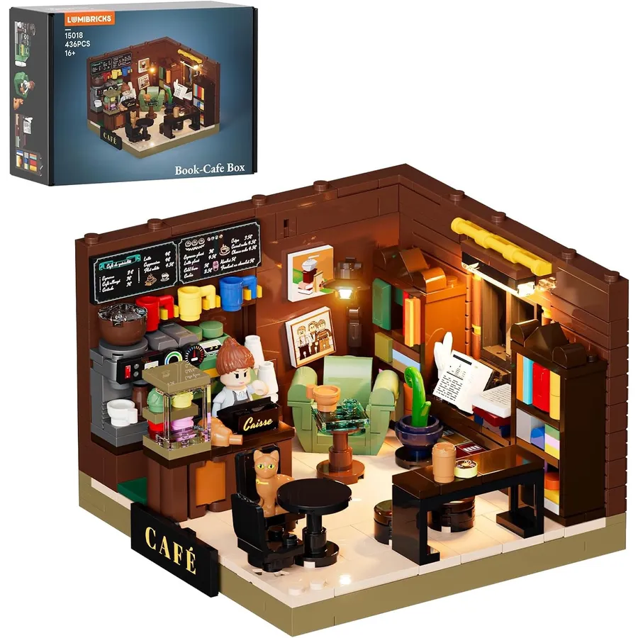 LUMIBRICKS Book-Café Box - mini caffè libreria illuminato su base 16 x 16