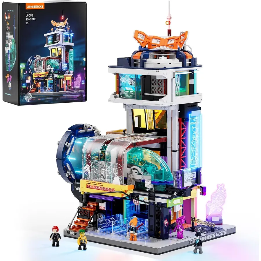 LUMIBRICKS Stazione ferroviaria galleggiante - set cyberpunk con treno sospeso e illuminazione LED